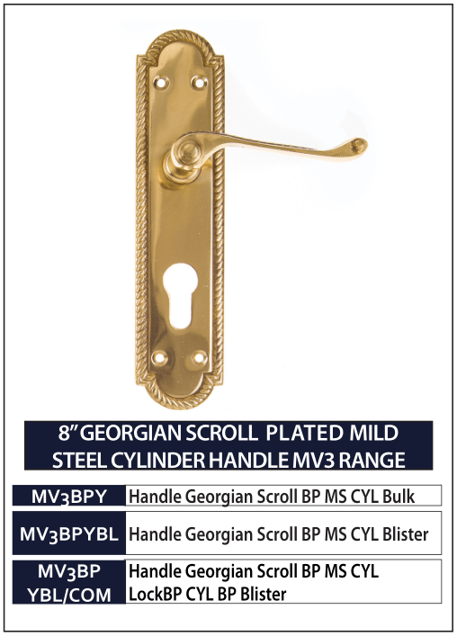 8” GEORGIAN SCROLL PLATED MILD STEEL CYLINDER HANDLE MV3 RANGE