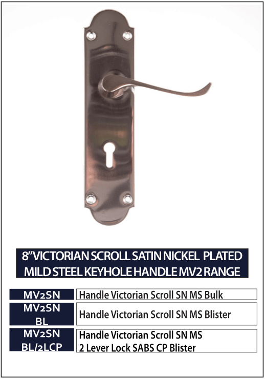 8” VICTORIAN SCROLL SATIN NICKEL PLATED MILD STEEL KEYHOLE HANDLE MV2 RANGE